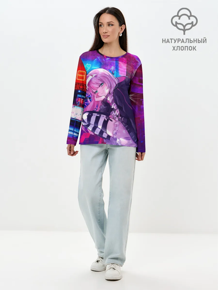 Лонгслив женский. Хлопок / Zero Two в неоновом городе