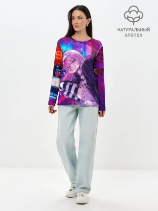 Лонгслив женский. Хлопок / Zero Two в неоновом городе