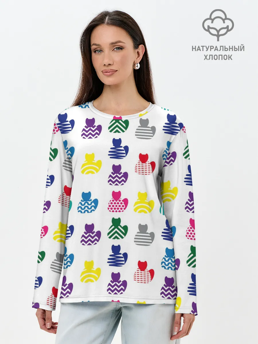 Лонгслив женский. Хлопок / Узор из котов