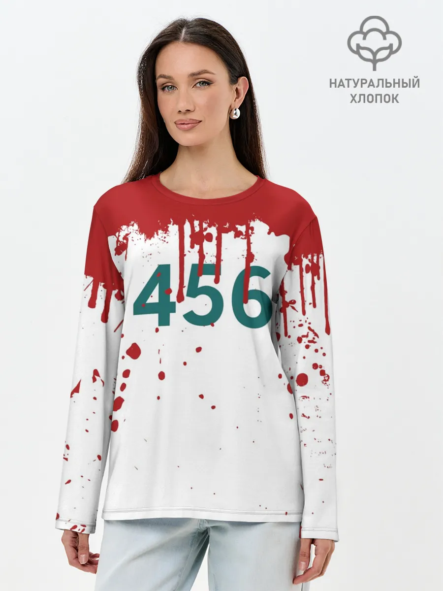 Лонгслив женский. Хлопок / ИГРА В КАЛЬМАРА ПЕРСОНАЖ 456 КРОВЬ
