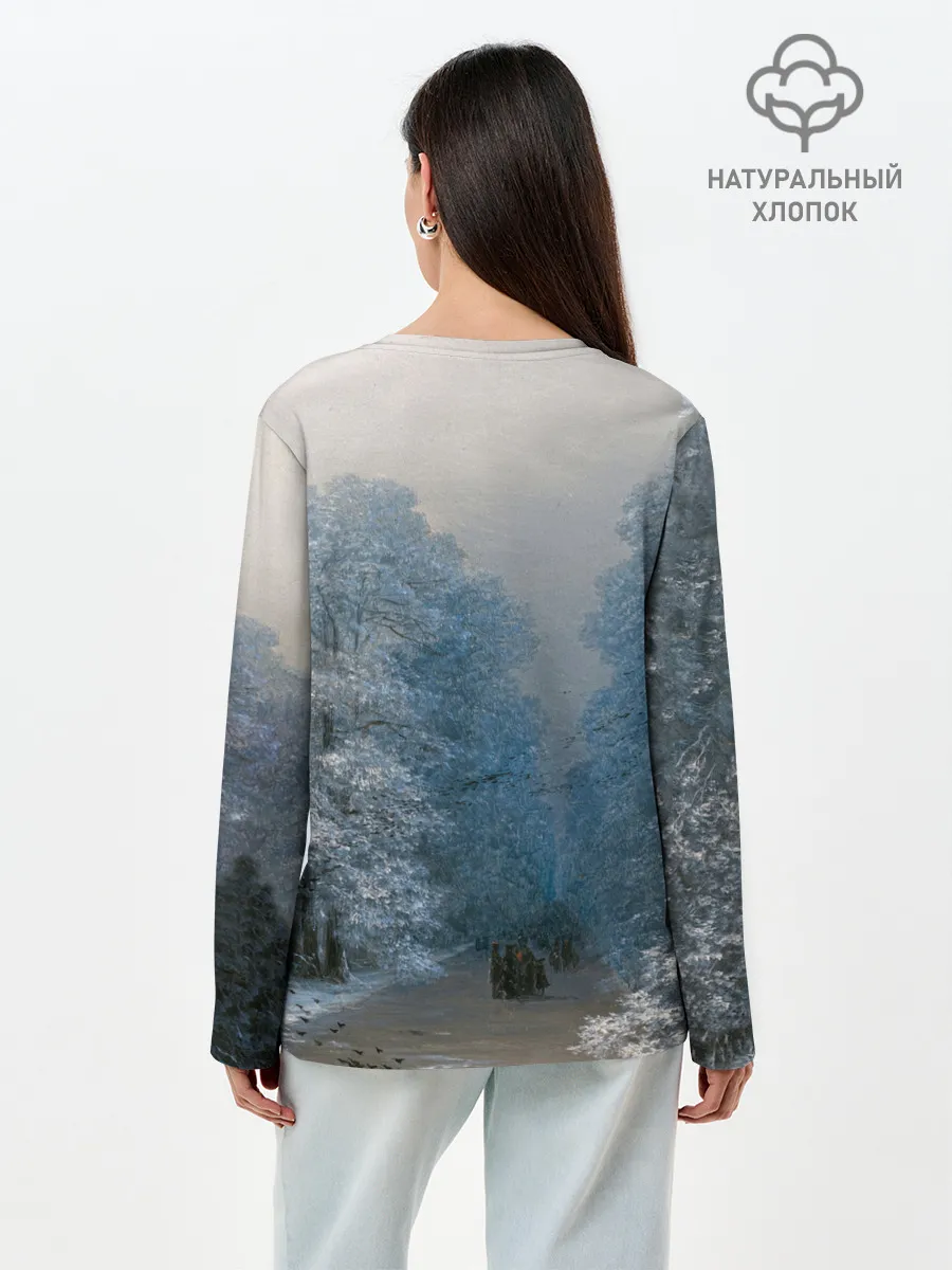 Лонгслив женский. Хлопок / Зимний пейзаж картина маслом