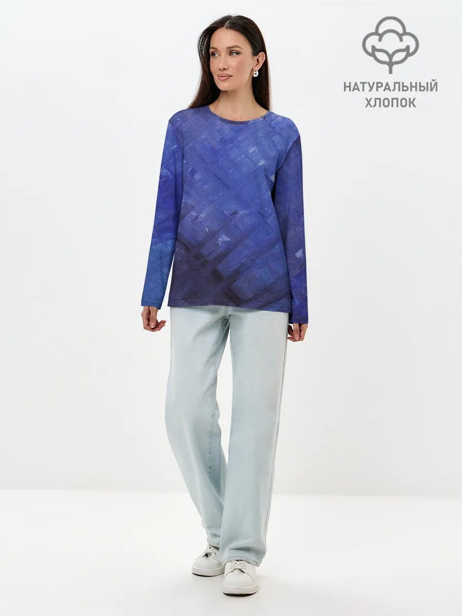 Лонгслив женский. Хлопок / Синие акварельные мазки