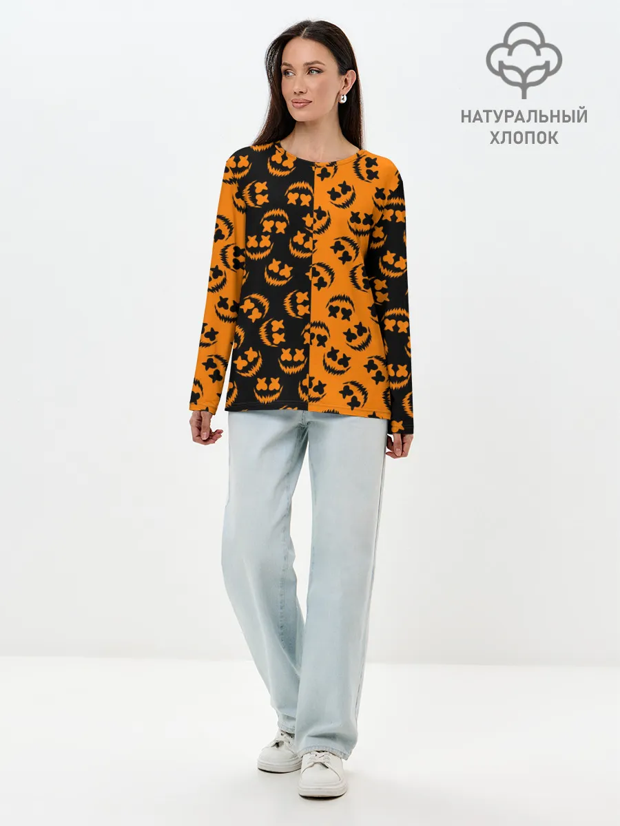 Лонгслив женский. Хлопок / УЛЫБКА ТЫКВЫ / ХЕЛЛОУИН