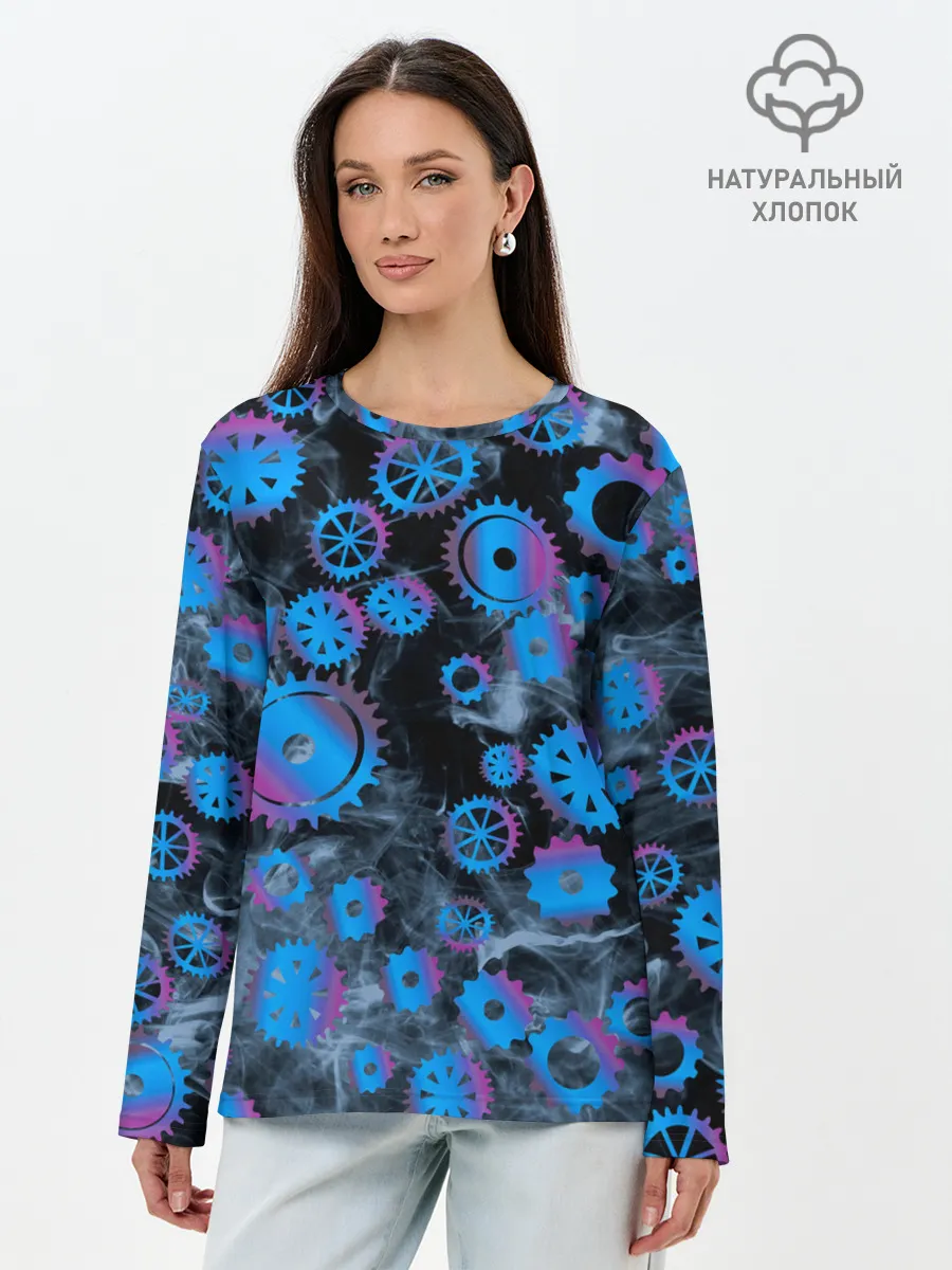 Лонгслив женский. Хлопок / механизм и дым, стимпанк