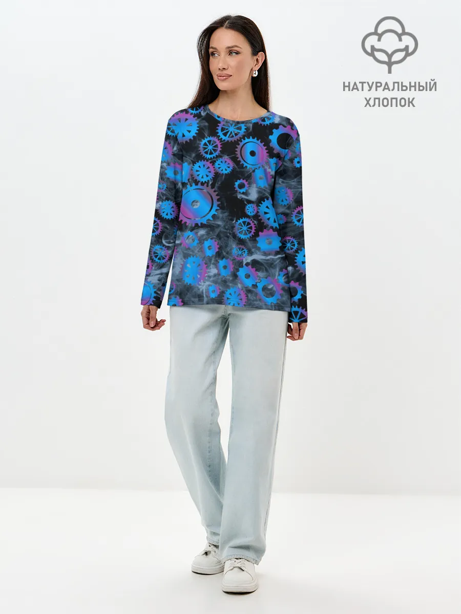 Лонгслив женский. Хлопок / механизм и дым, стимпанк