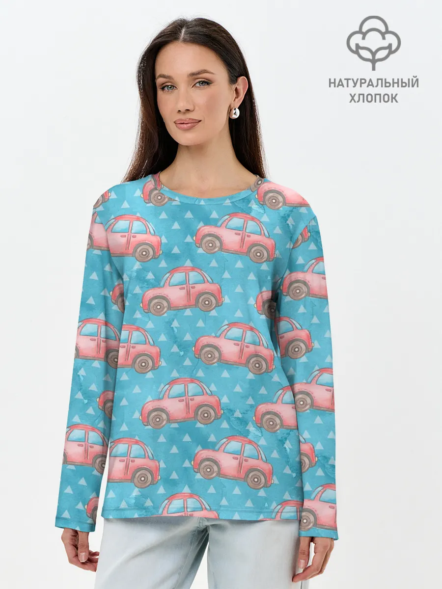 Лонгслив женский. Хлопок / Машинки детский рисунок