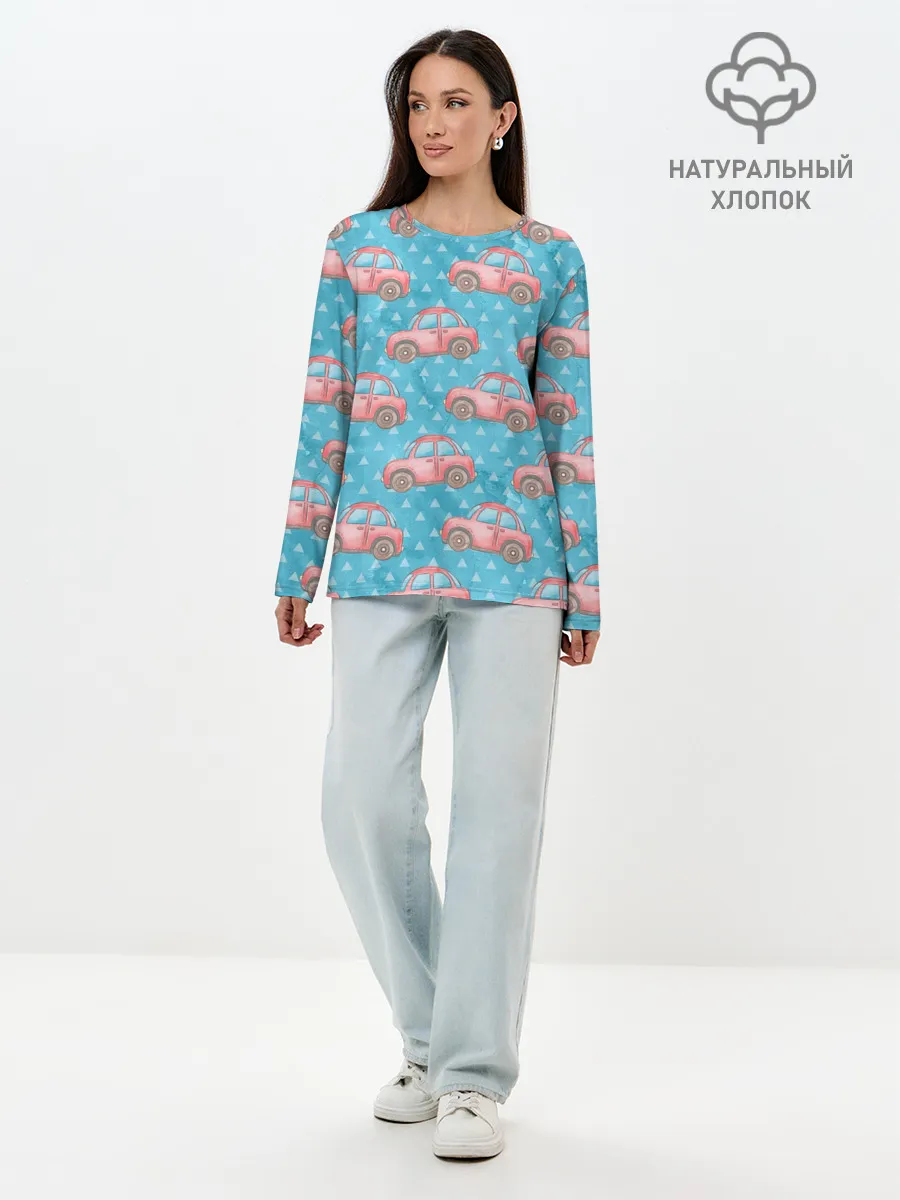 Лонгслив женский. Хлопок / Машинки детский рисунок