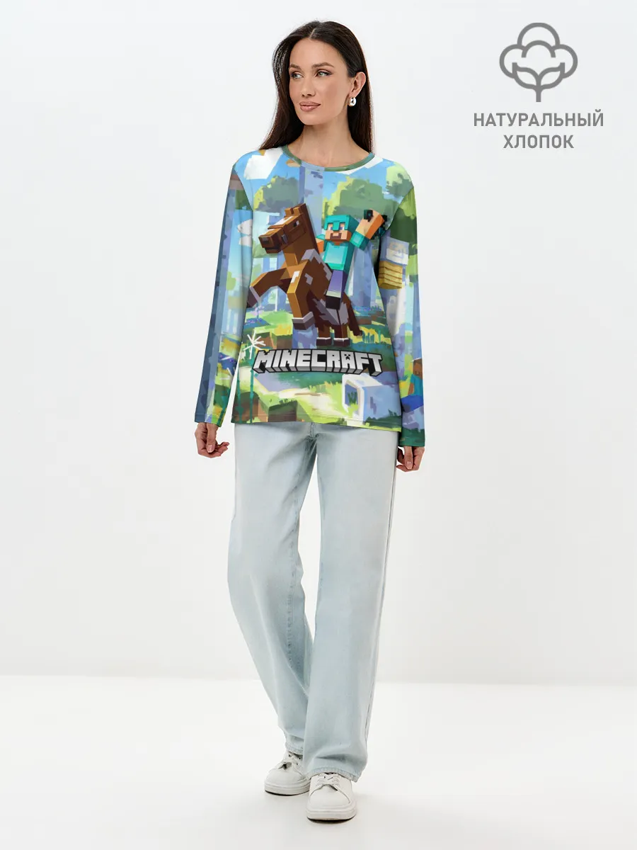 Лонгслив женский. Хлопок / Майнкрафт на коне в березовом лесу