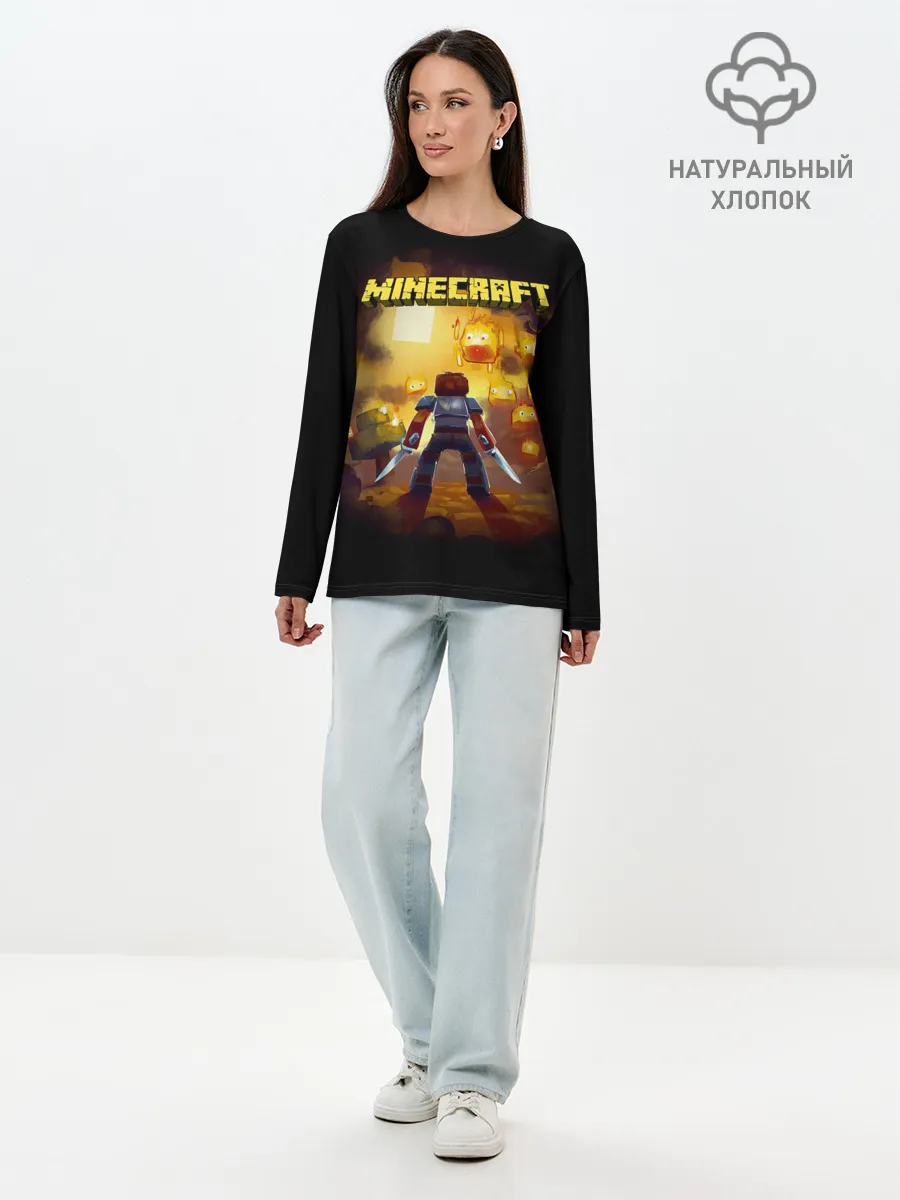 Лонгслив женский. Хлопок / Стив против огненных Гаст | Minecraft