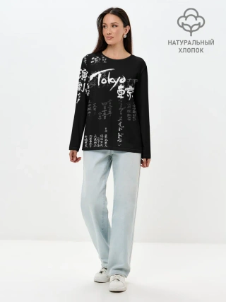 Лонгслив женский. Хлопок / Токио Надпись Иероглифы Япония |Tokyo