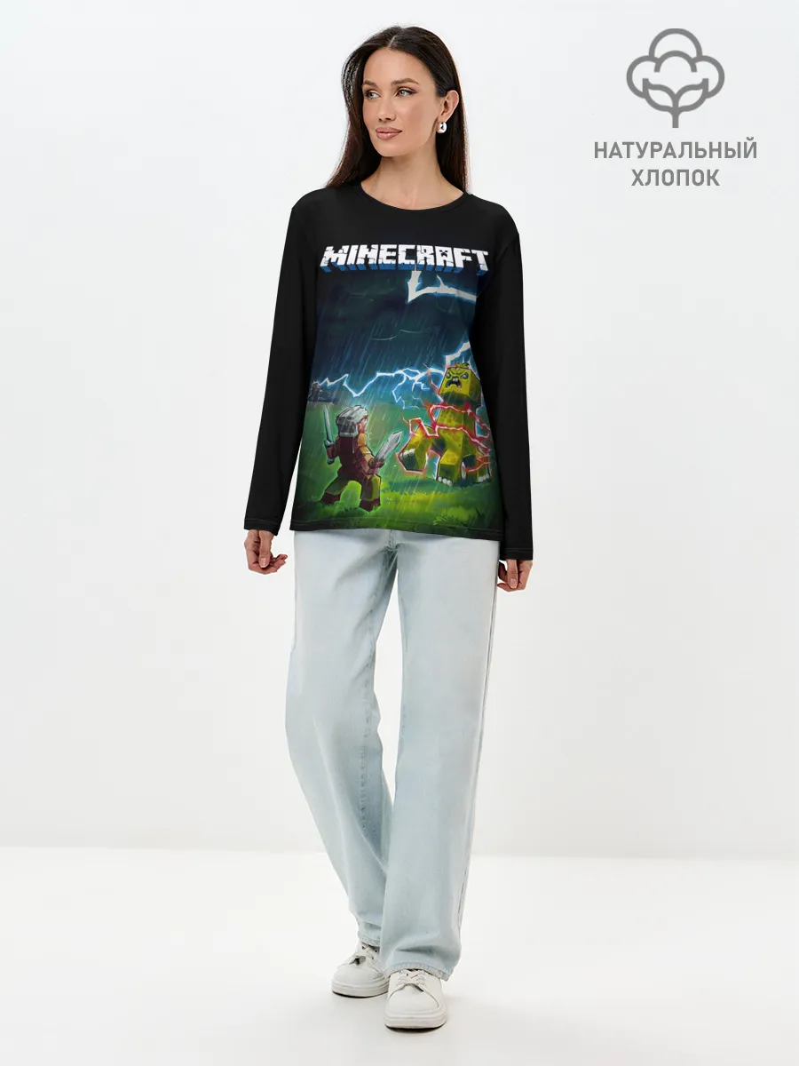 Лонгслив женский. Хлопок / Бой Стива с Крипером под ударом молнии