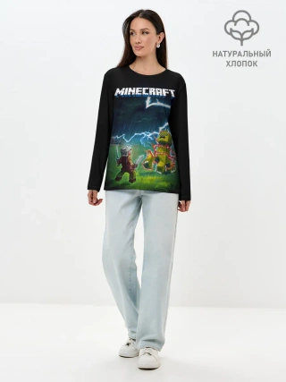 Лонгслив женский. Хлопок / Бой Стива с Крипером под ударом молнии