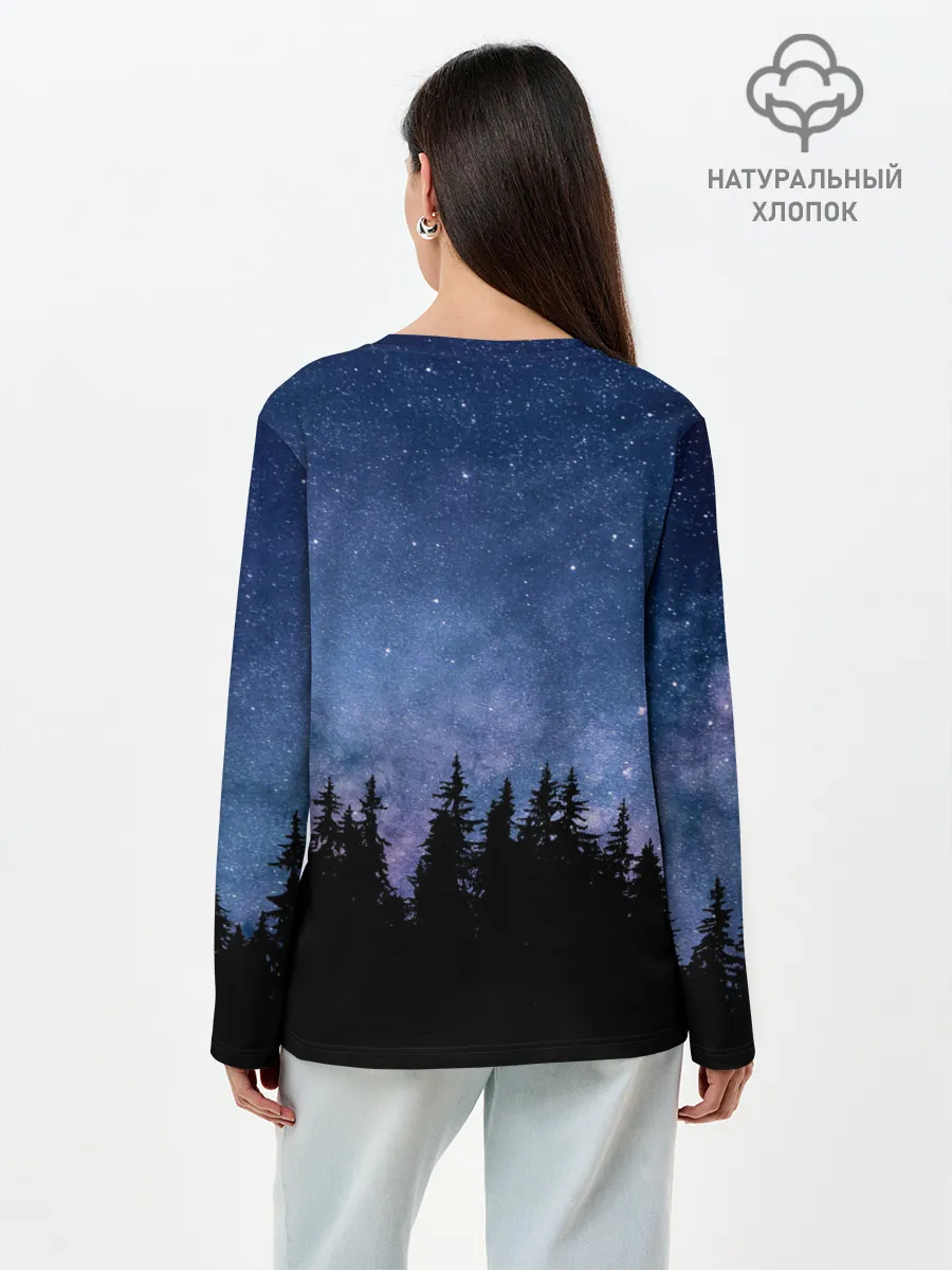 Лонгслив женский. Хлопок / НОЧНОЙ ЛЕС И ЗВЕЗДЫ