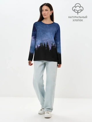 Лонгслив женский. Хлопок / НОЧНОЙ ЛЕС И ЗВЕЗДЫ