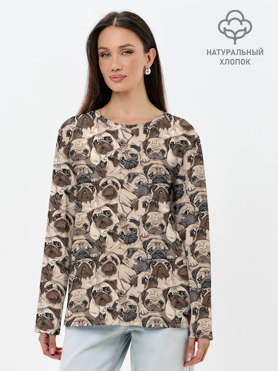 Лонгслив женский. Хлопок / Мопсы