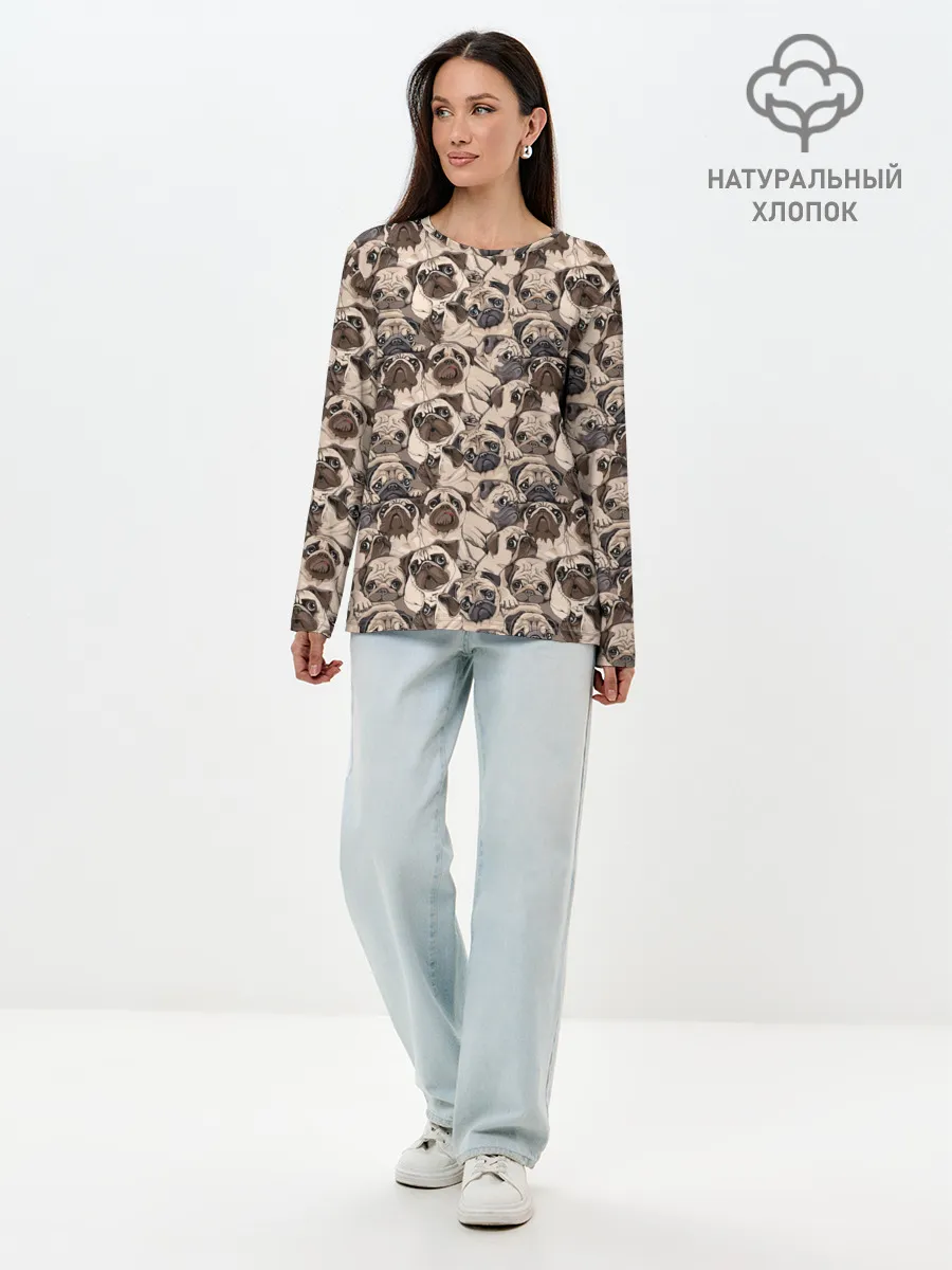 Лонгслив женский. Хлопок / Мопсы