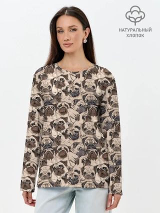 Лонгслив женский. Хлопок / Мопсы