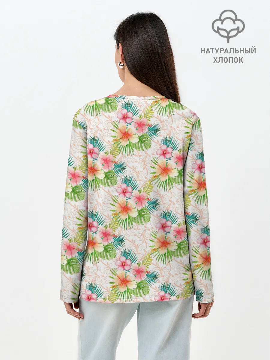 Лонгслив женский. Хлопок / Гавайские цветы