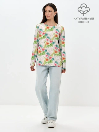 Лонгслив женский. Хлопок / Гавайские цветы