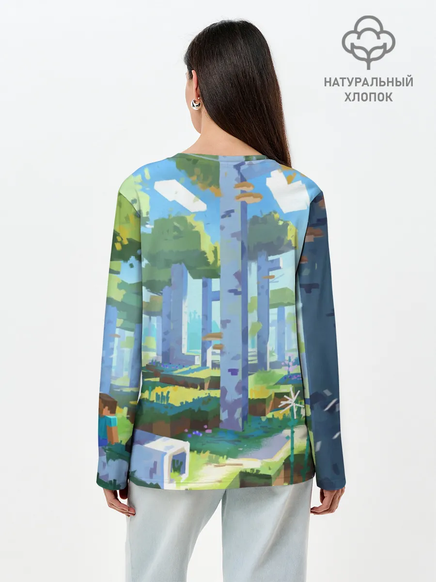 Лонгслив женский. Хлопок / Манйкрафт, березовый лес