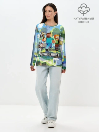 Лонгслив женский. Хлопок / Манйкрафт, березовый лес