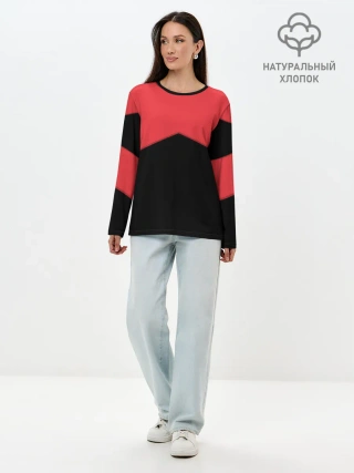 Лонгслив женский. Хлопок / ГЕОМЕТРИЯ МИНИМАЛИЗМ | КРАСНЫЕ ПОЛОСЫ