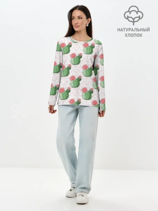 Лонгслив женский. Хлопок / Паттерн из кактусов