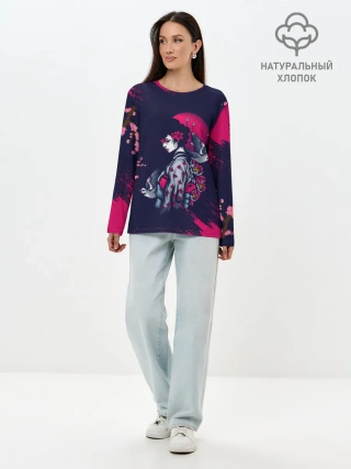Лонгслив женский. Хлопок / ДЕВУШКА В КИМОНО И ПТИЦАМИ