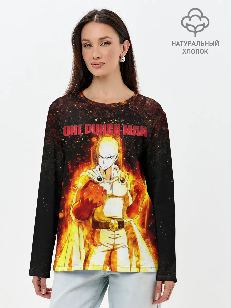 Лонгслив женский. Хлопок / Сайтама в огне | One Punch-Man