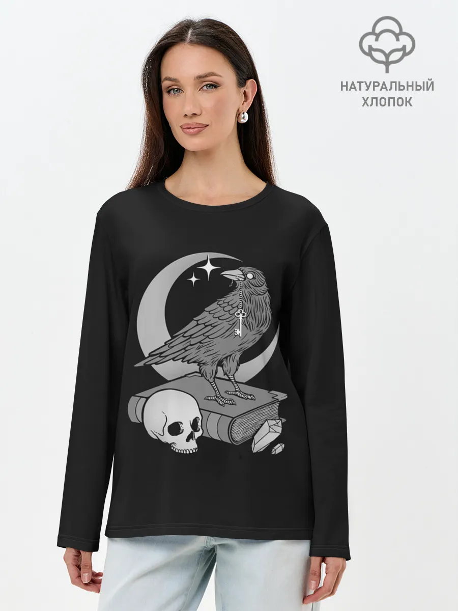 Лонгслив женский. Хлопок / Оккультная ворона