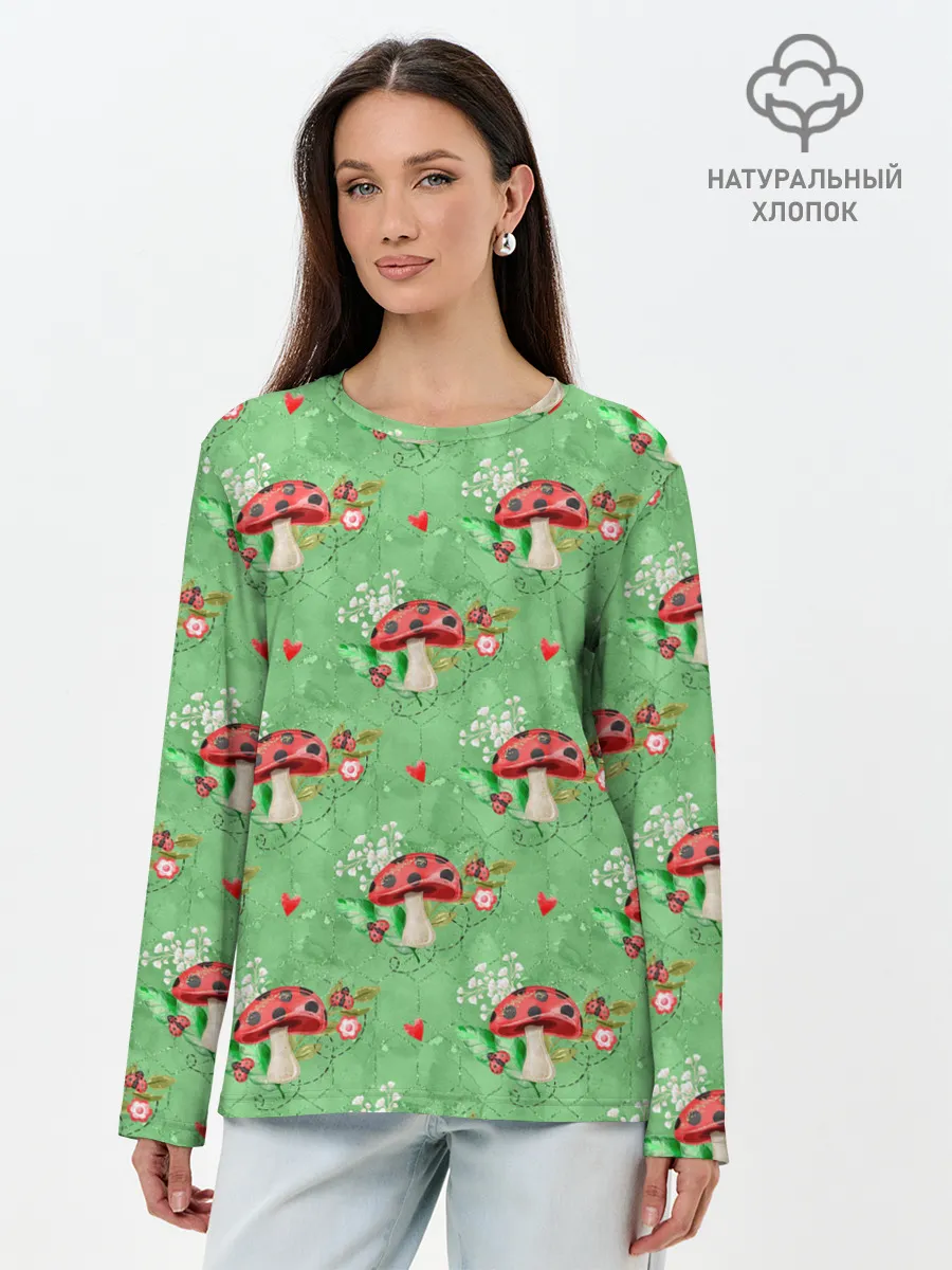 Лонгслив женский. Хлопок / Грибы Мухоморы паттерн