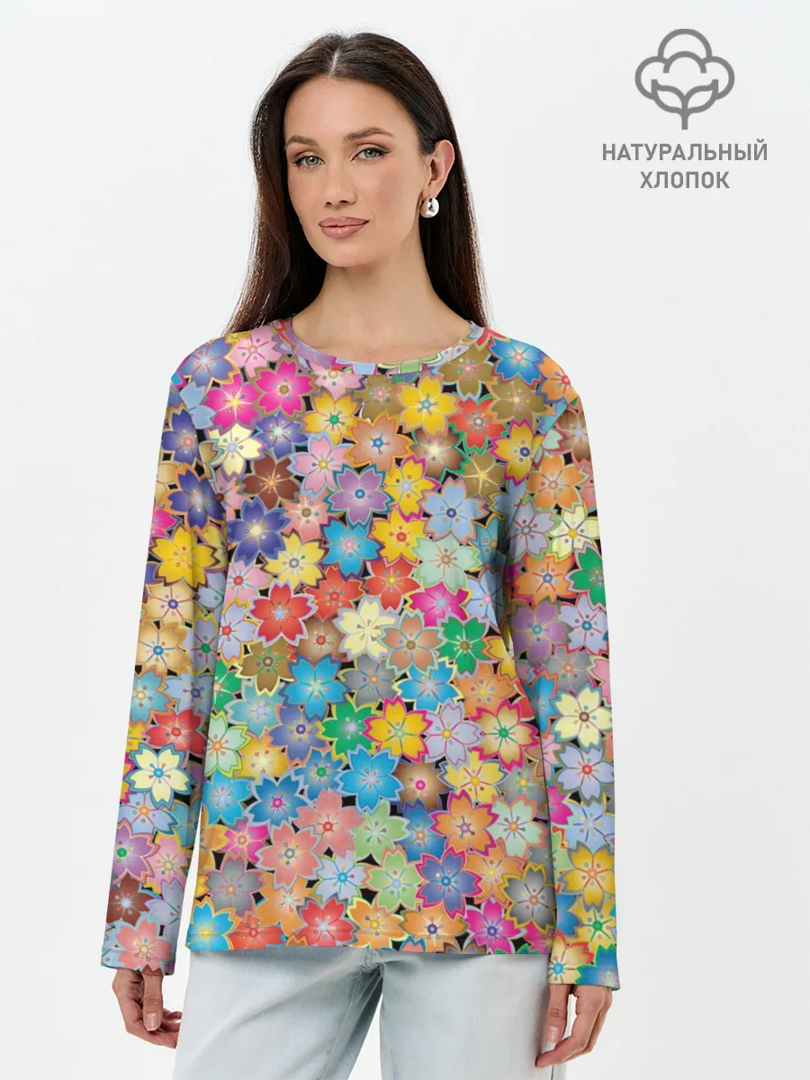 Лонгслив женский. Хлопок / цветы цветочки
