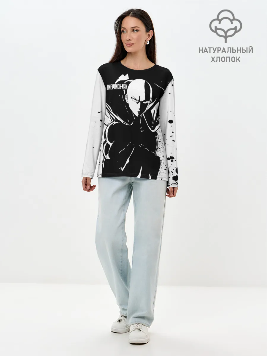 Лонгслив женский. Хлопок / Черно-белый Сайтама One Punch-Man