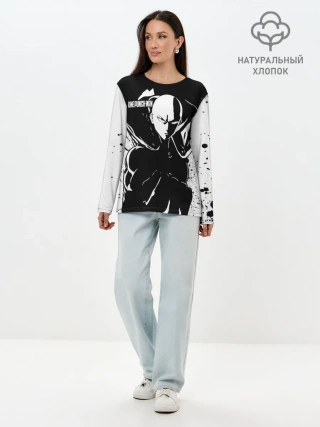 Лонгслив женский. Хлопок / Черно-белый Сайтама One Punch-Man