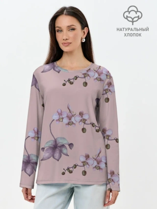 Лонгслив женский. Хлопок / Розовые орхидеи на розовом фоне