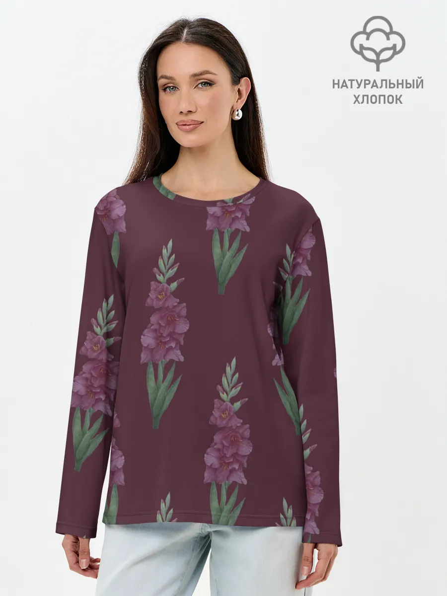 Лонгслив женский. Хлопок / Бардовые гладиолусы
