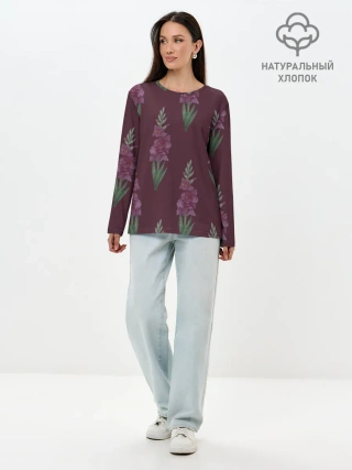 Лонгслив женский. Хлопок / Бардовые гладиолусы