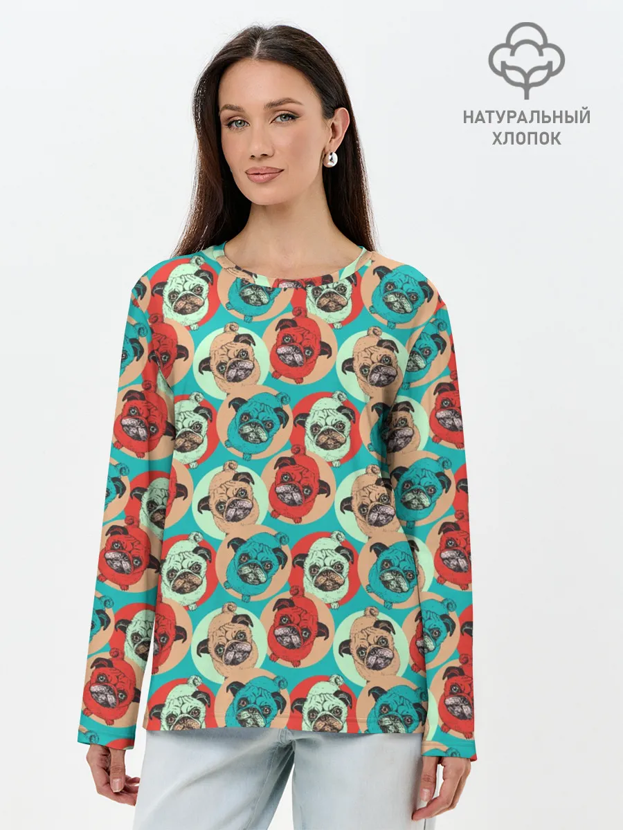 Лонгслив женский. Хлопок / Прикольные Мопсы