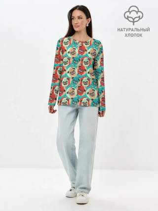 Лонгслив женский. Хлопок / Прикольные Мопсы