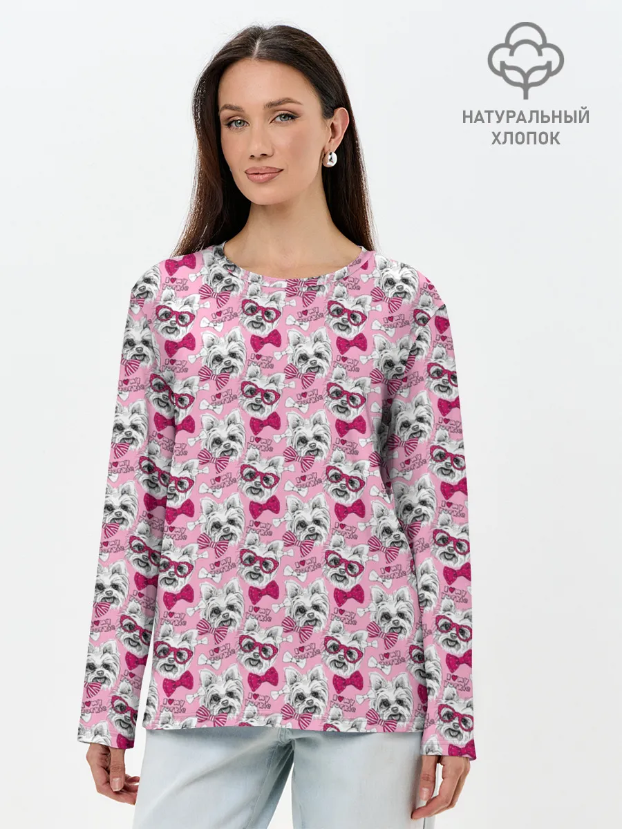 Лонгслив женский. Хлопок / Йоркширский Терьер на Розовом Фоне