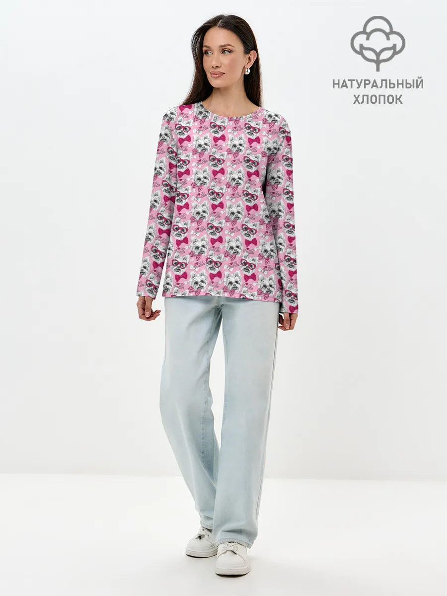 Лонгслив женский. Хлопок / Йоркширский Терьер на Розовом Фоне