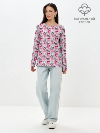 Лонгслив женский. Хлопок / Йоркширский Терьер на Розовом Фоне