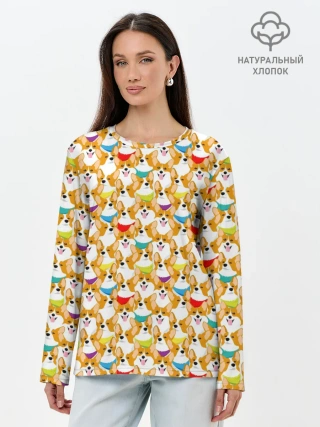 Лонгслив женский. Хлопок / Вельш-Корги Пемброк