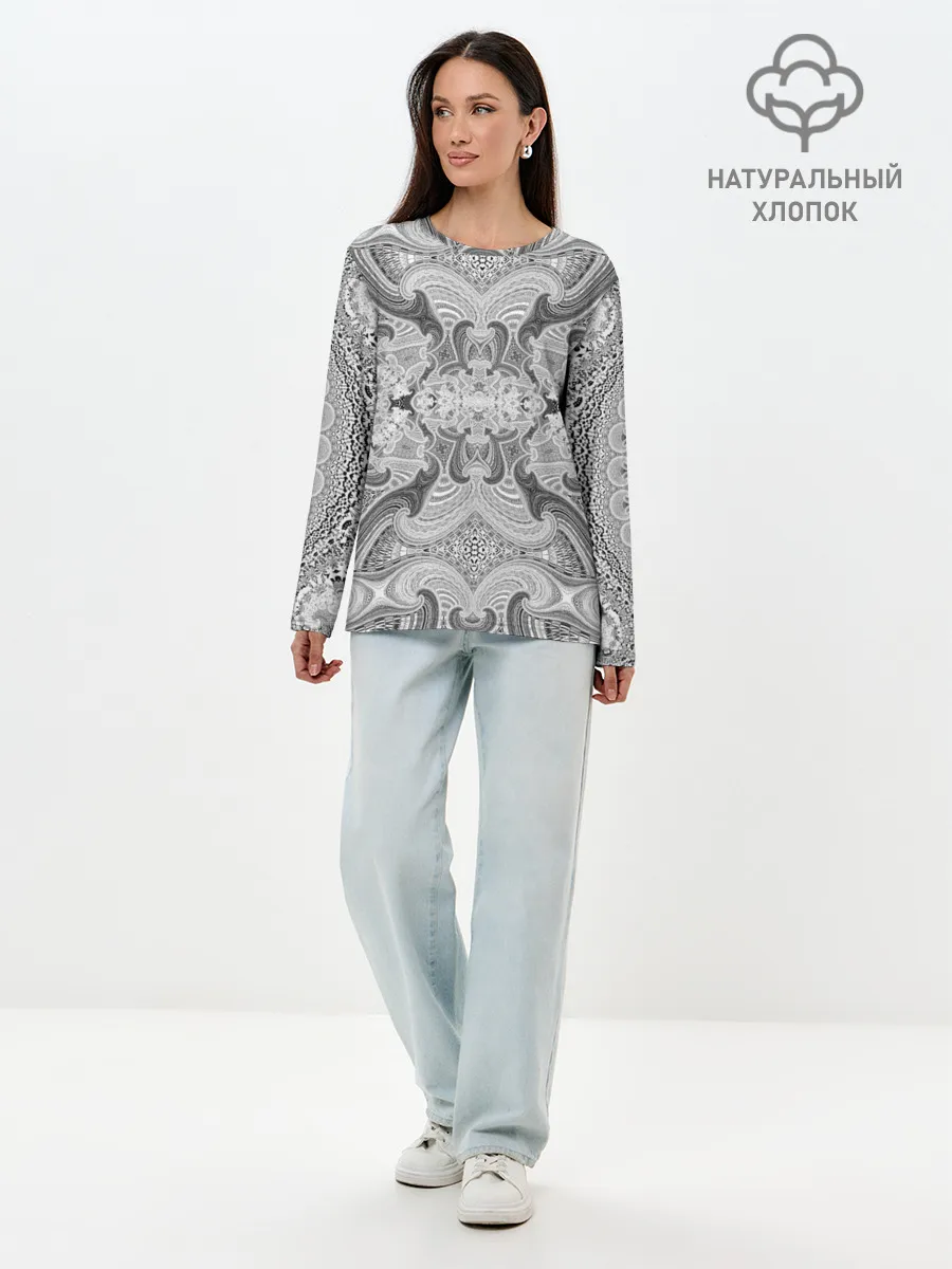 Лонгслив женский. Хлопок / Черно-белый абстрактный узор.