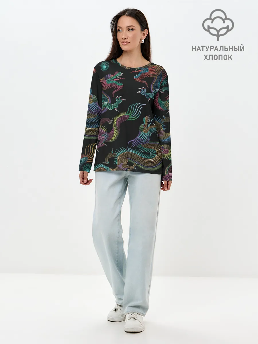 Лонгслив женский. Хлопок / Цветные драконы