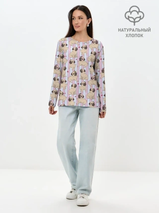 Лонгслив женский. Хлопок / Забавные Мопсы