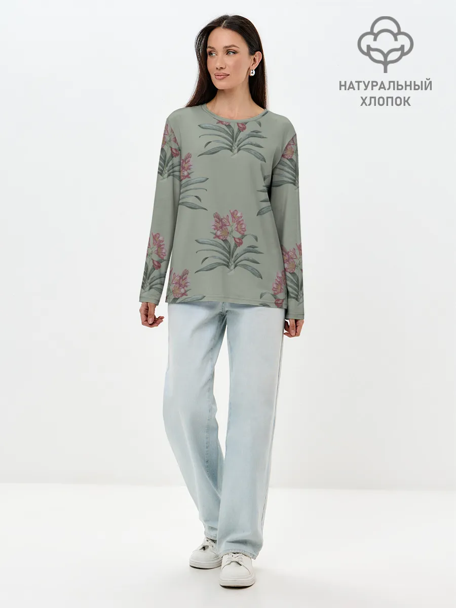 Лонгслив женский. Хлопок / Цветы кливии
