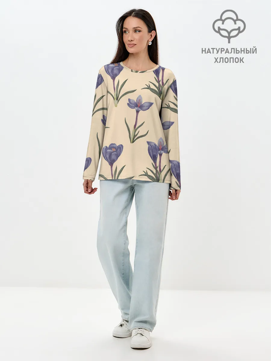 Лонгслив женский. Хлопок / Цветы шафрана на бежевом фоне