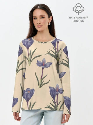 Лонгслив женский. Хлопок / Цветы шафрана на бежевом фоне