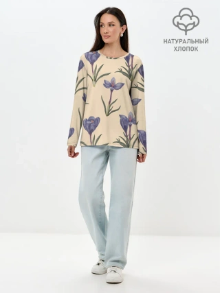 Лонгслив женский. Хлопок / Цветы шафрана на бежевом фоне